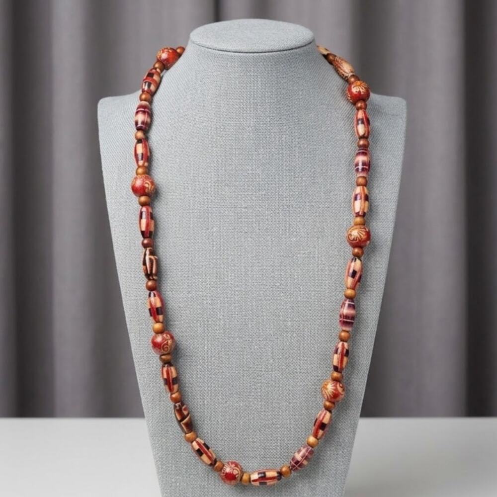 Vintage 1990s Y2K Wood Beaded Necklace Boho Tribal Magnetic Clasp 22”